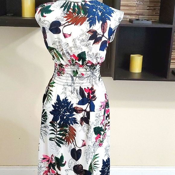 Retro 90s White Floral Tropical Beachy Surplice Flowy Jersey Mini Dress - Picture 6 of 6